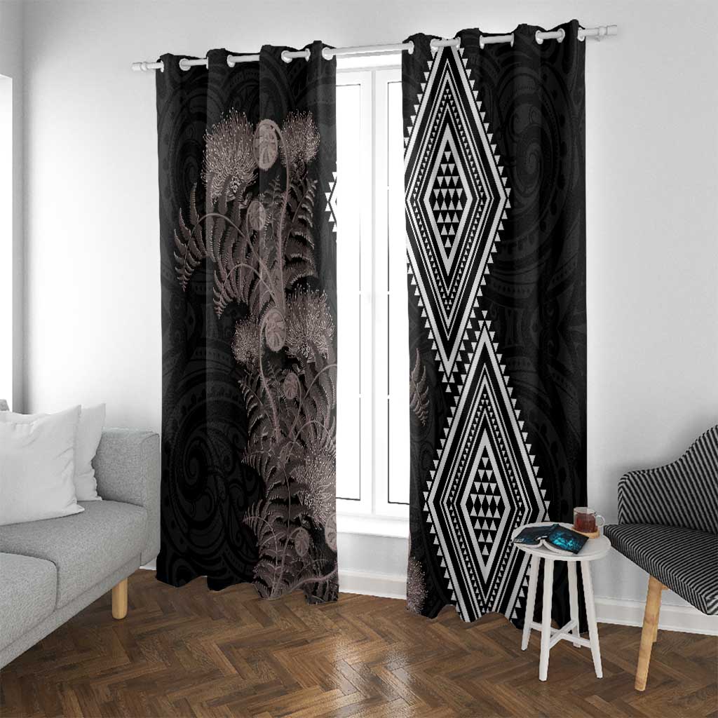 Aotearoa Tukutuku Motif Window Curtain Pohutukawa and Fern Leaves Grayscale Color