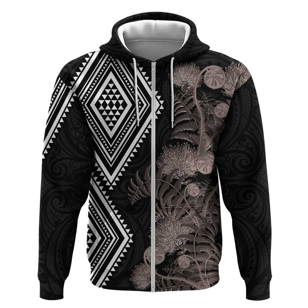 Aotearoa Tukutuku Motif Zip Hoodie Pohutukawa and Fern Leaves Grayscale Color LT03 Zip Hoodie Black - Polynesian Pride