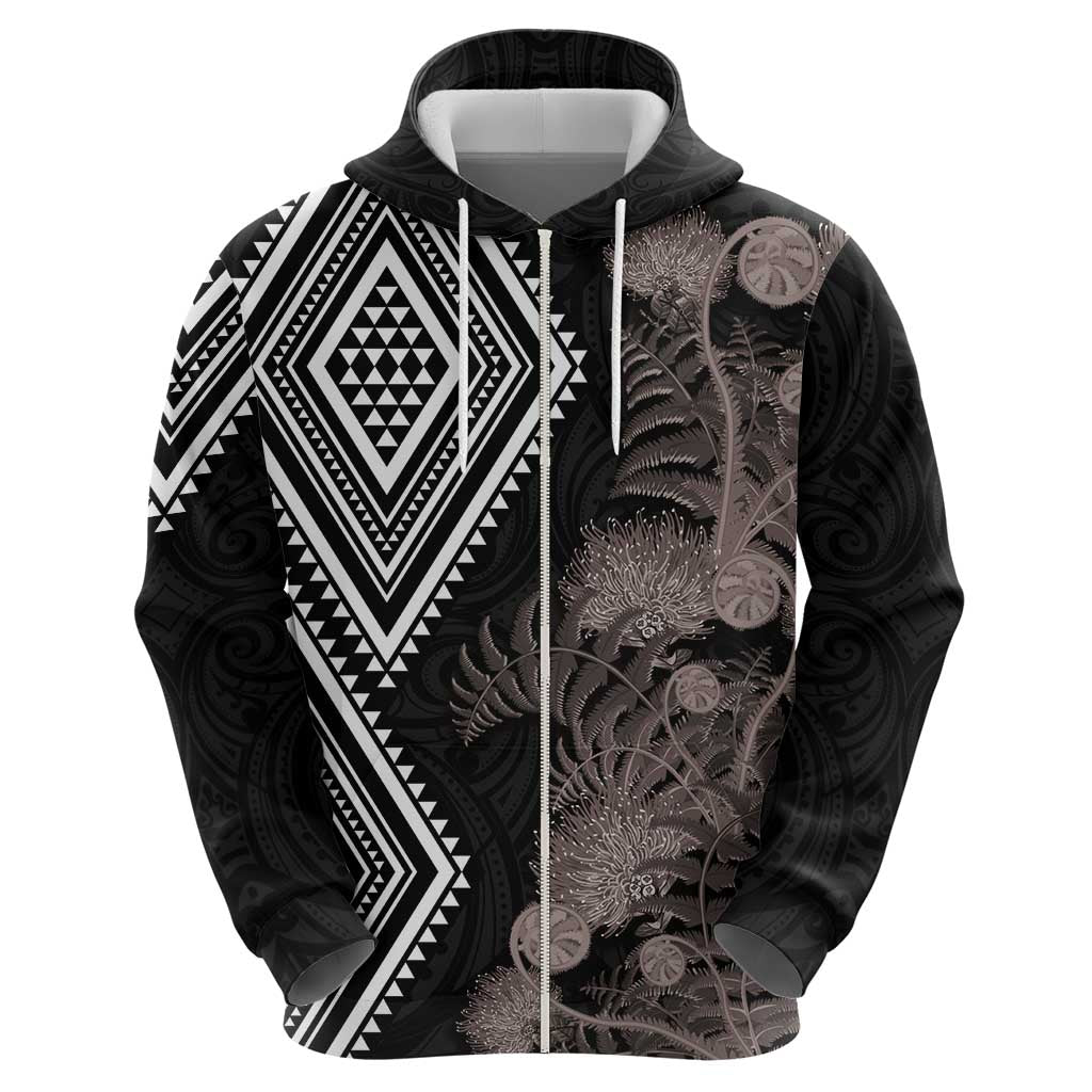 Aotearoa Tukutuku Motif Zip Hoodie Pohutukawa and Fern Leaves Grayscale Color LT03 - Polynesian Pride