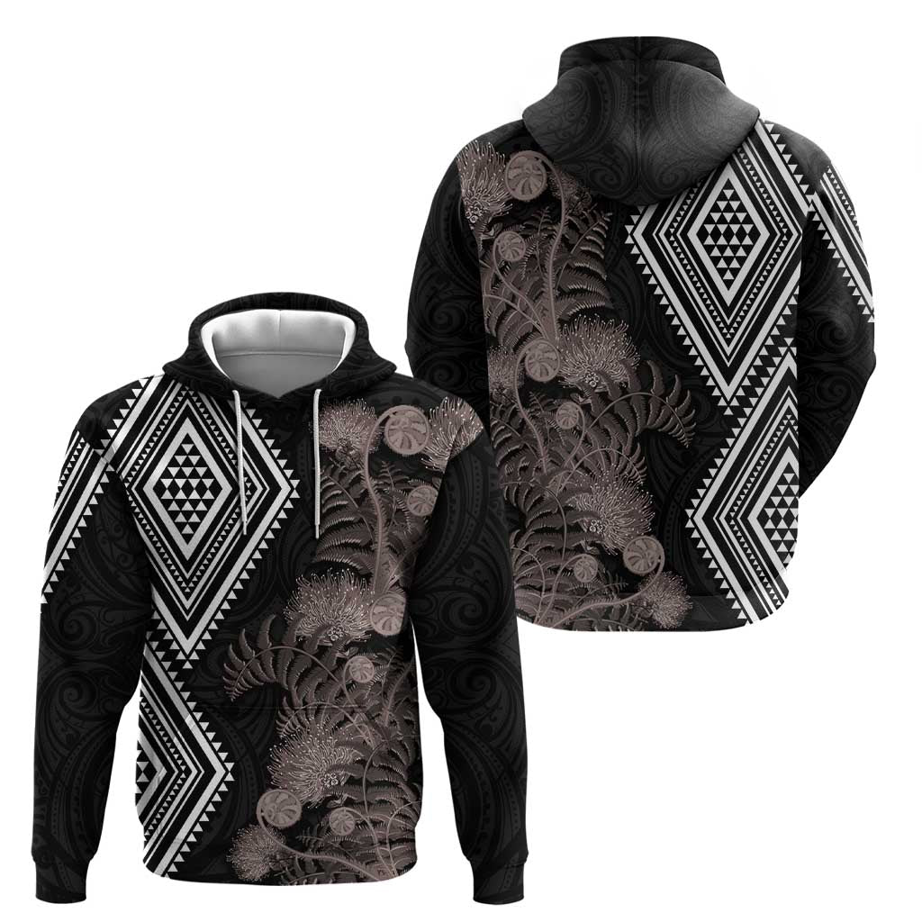 Aotearoa Tukutuku Motif Zip Hoodie Pohutukawa and Fern Leaves Grayscale Color LT03 - Polynesian Pride