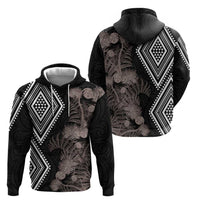 Aotearoa Tukutuku Motif Zip Hoodie Pohutukawa and Fern Leaves Grayscale Color LT03 - Polynesian Pride
