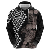 Aotearoa Tukutuku Motif Zip Hoodie Pohutukawa and Fern Leaves Grayscale Color LT03 - Polynesian Pride