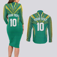 Custom Cook Islands Rugby Couples Matching Long Sleeve Bodycon Dress and Long Sleeve Button Shirt Tatau Art Sport Style Green Color LT03 - Polynesian Pride