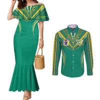 Custom Cook Islands Rugby Couples Matching Mermaid Dress and Long Sleeve Button Shirt Tatau Art Sport Style Green Color LT03 Green - Polynesian Pride