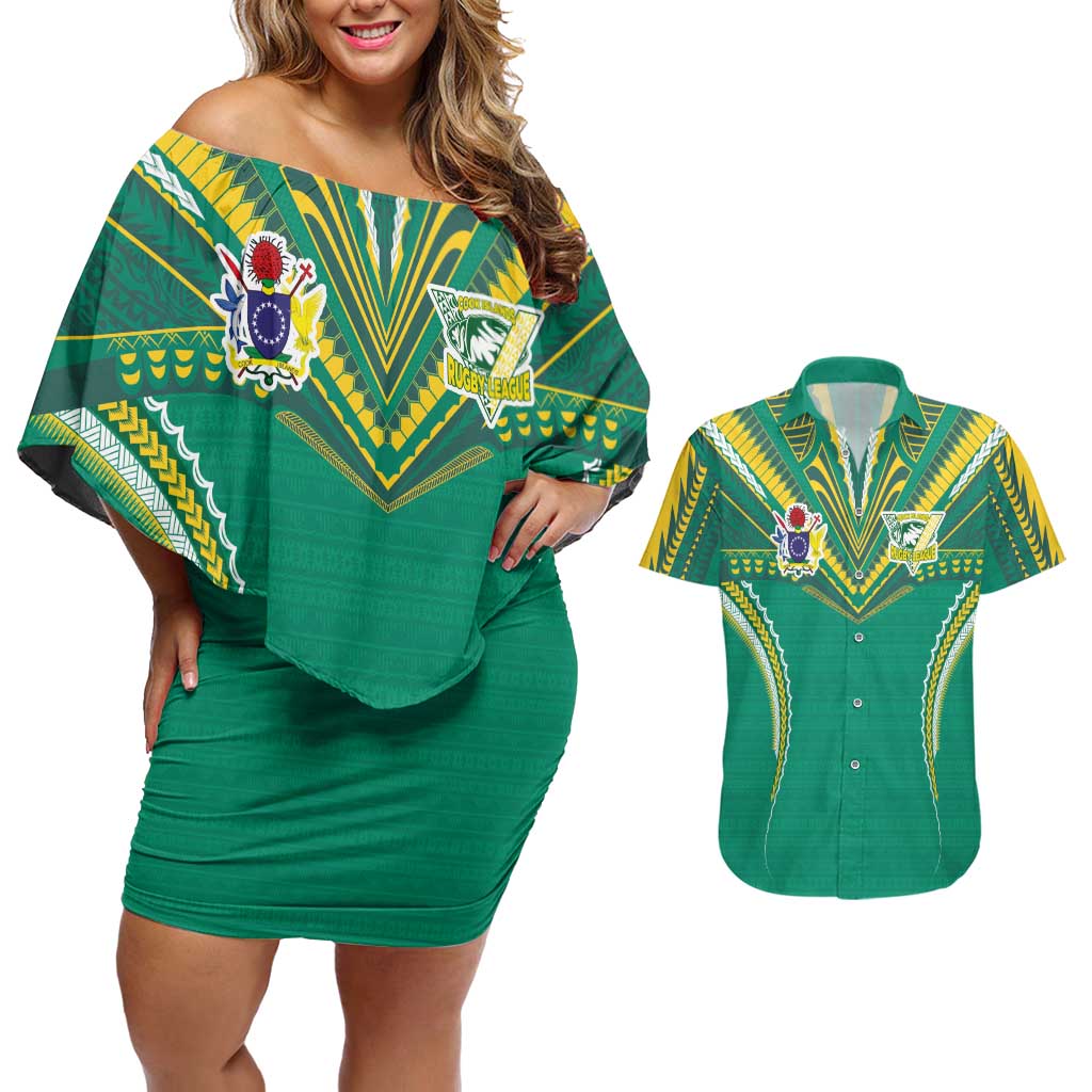 Custom Cook Islands Rugby Couples Matching Off Shoulder Short Dress and Hawaiian Shirt Tatau Art Sport Style Green Color LT03 Green - Polynesian Pride