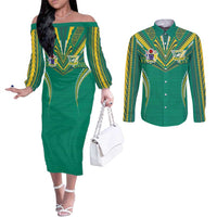 Custom Cook Islands Rugby Couples Matching Off The Shoulder Long Sleeve Dress and Long Sleeve Button Shirt Tatau Art Sport Style Green Color LT03 Green - Polynesian Pride