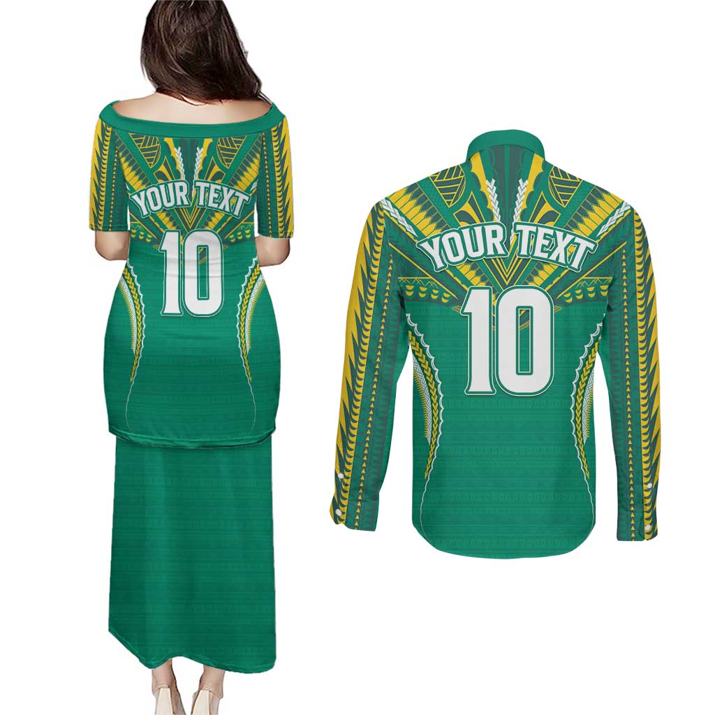 Custom Cook Islands Rugby Couples Matching Puletasi and Long Sleeve Button Shirt Tatau Art Sport Style Green Color LT03 - Polynesian Pride