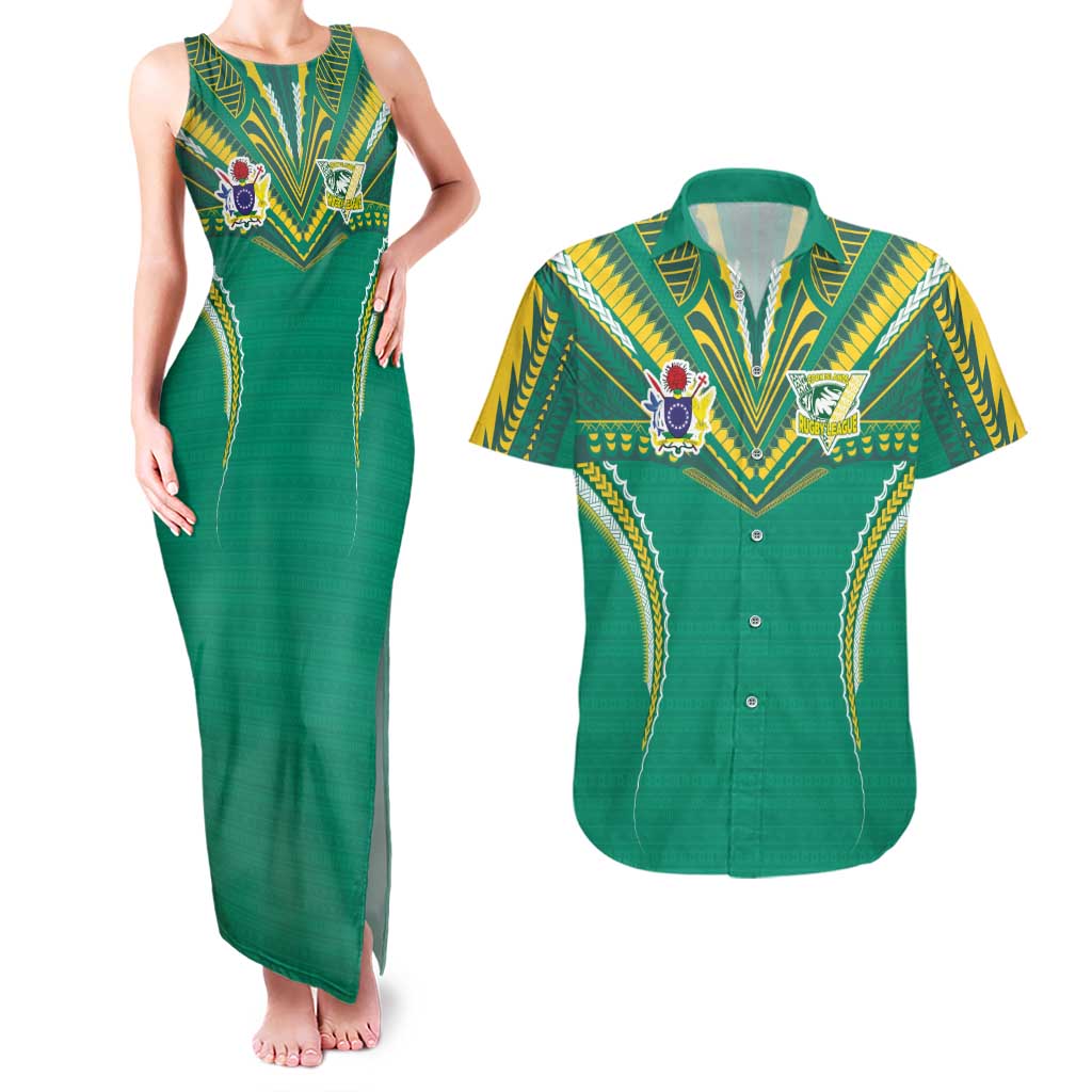 Custom Cook Islands Rugby Couples Matching Tank Maxi Dress and Hawaiian Shirt Tatau Art Sport Style Green Color LT03 Green - Polynesian Pride