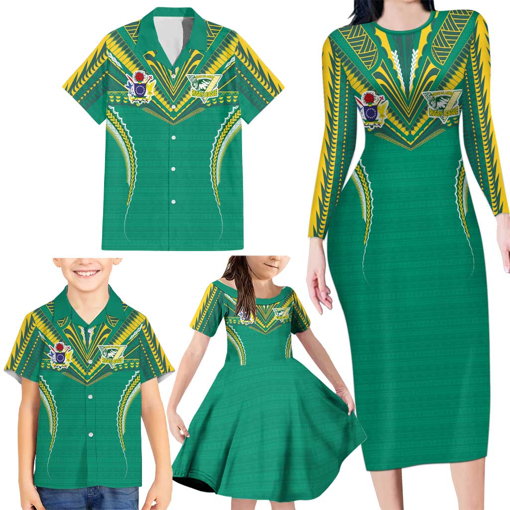 Custom Cook Islands Rugby Family Matching Long Sleeve Bodycon Dress and Hawaiian Shirt Tatau Art Sport Style Green Color
