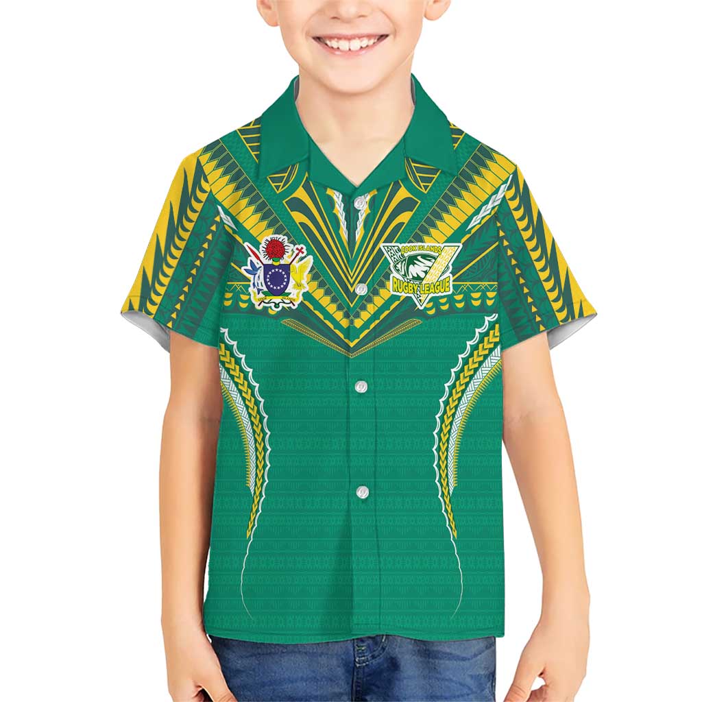 Custom Cook Islands Rugby Kid Hawaiian Shirt Tatau Art Sport Style Green Color