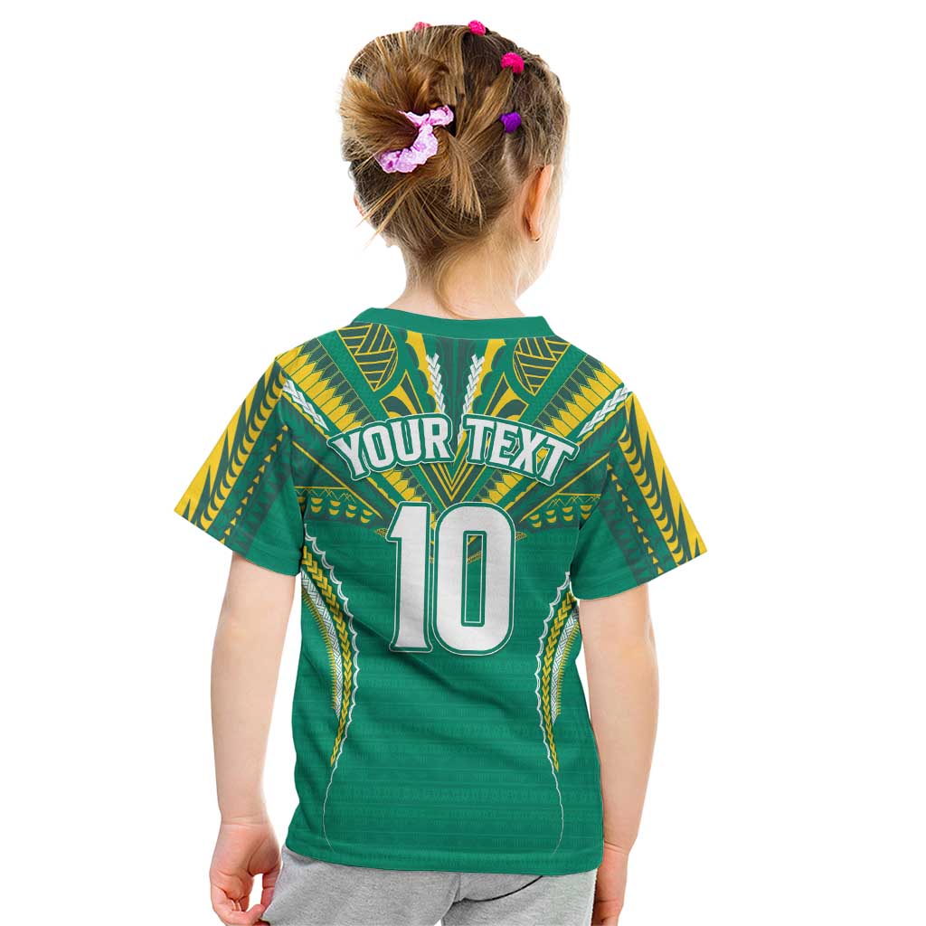 Custom Cook Islands Rugby Kid T Shirt Tatau Art Sport Style Green Color