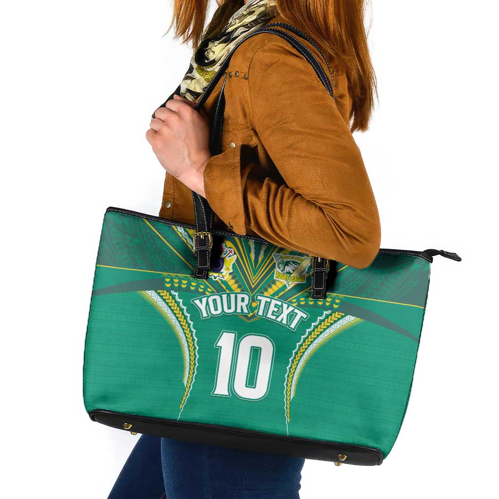 Custom Cook Islands Rugby Leather Tote Bag Tatau Art Sport Style Green Color
