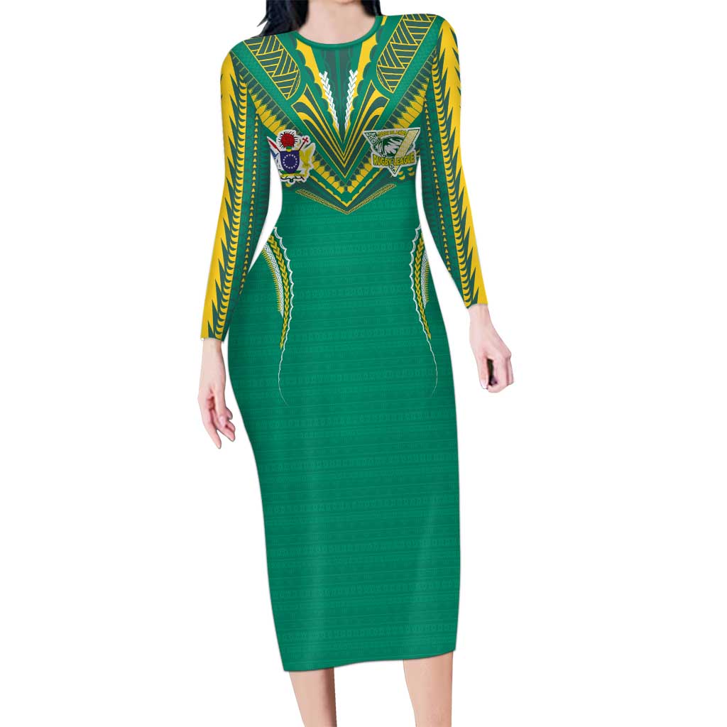 Custom Cook Islands Rugby Long Sleeve Bodycon Dress Tatau Art Sport Style Green Color LT03 Long Dress Green - Polynesian Pride