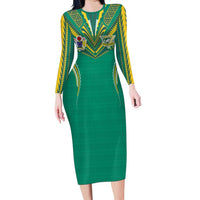 Custom Cook Islands Rugby Long Sleeve Bodycon Dress Tatau Art Sport Style Green Color LT03 Long Dress Green - Polynesian Pride