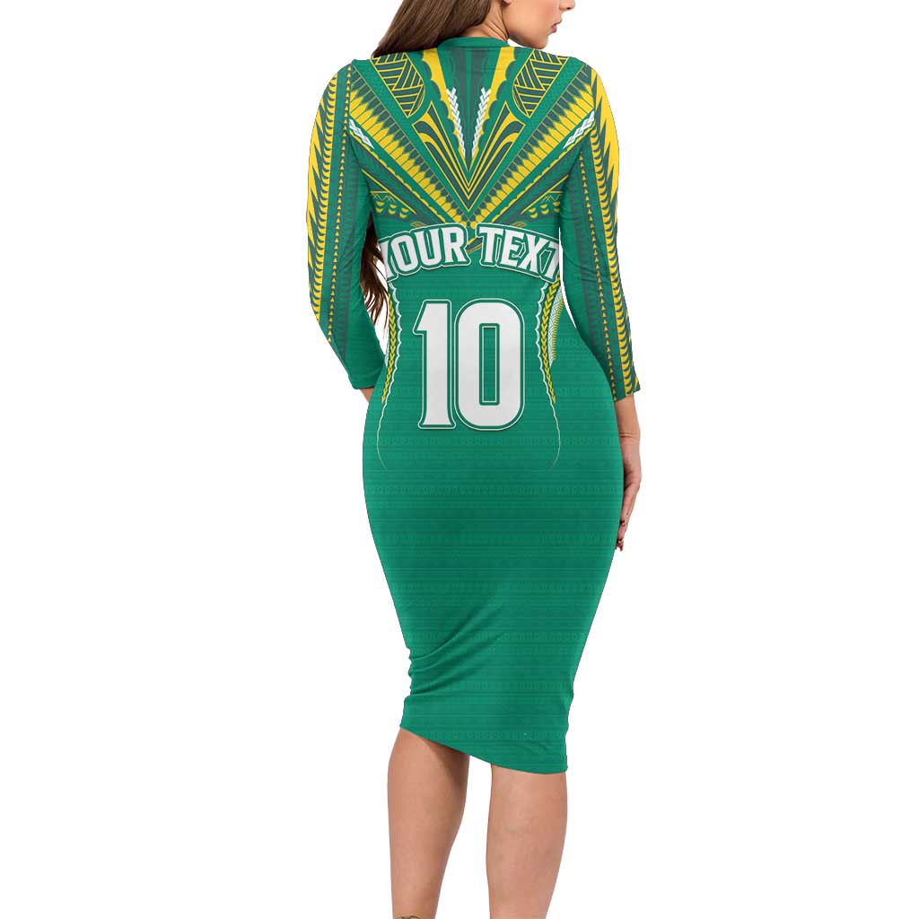 Custom Cook Islands Rugby Long Sleeve Bodycon Dress Tatau Art Sport Style Green Color LT03 - Polynesian Pride