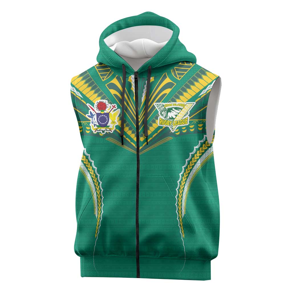 Custom Cook Islands Rugby Sleeveless Zip Hoodie Tatau Art Sport Style Green Color