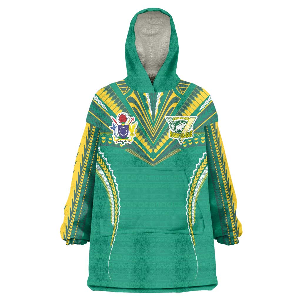 Custom Cook Islands Rugby Wearable Blanket Hoodie Tatau Art Sport Style Green Color LT03 One Size Green - Polynesian Pride