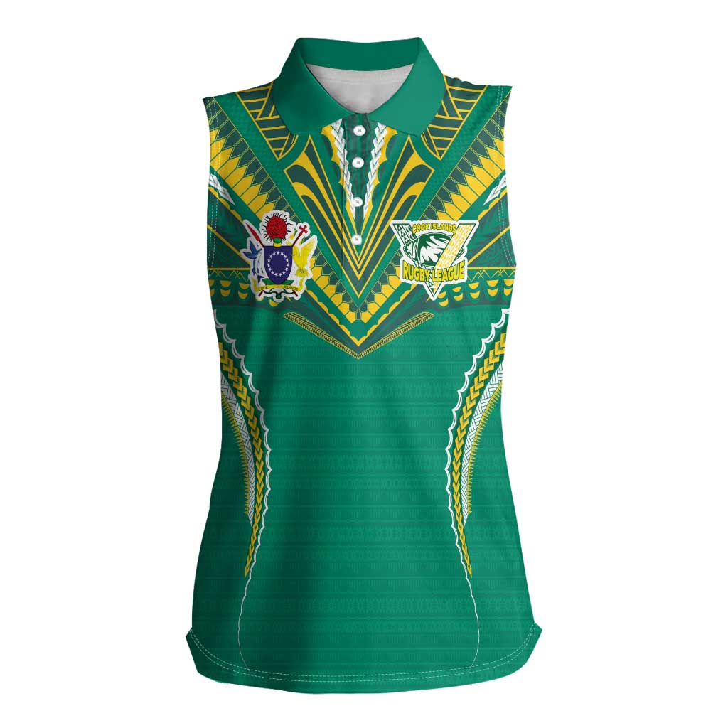 Custom Cook Islands Rugby Women Sleeveless Polo Shirt Tatau Art Sport Style Green Color LT03 Female Green - Polynesian Pride