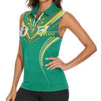 Custom Cook Islands Rugby Women Sleeveless Polo Shirt Tatau Art Sport Style Green Color LT03 - Polynesian Pride