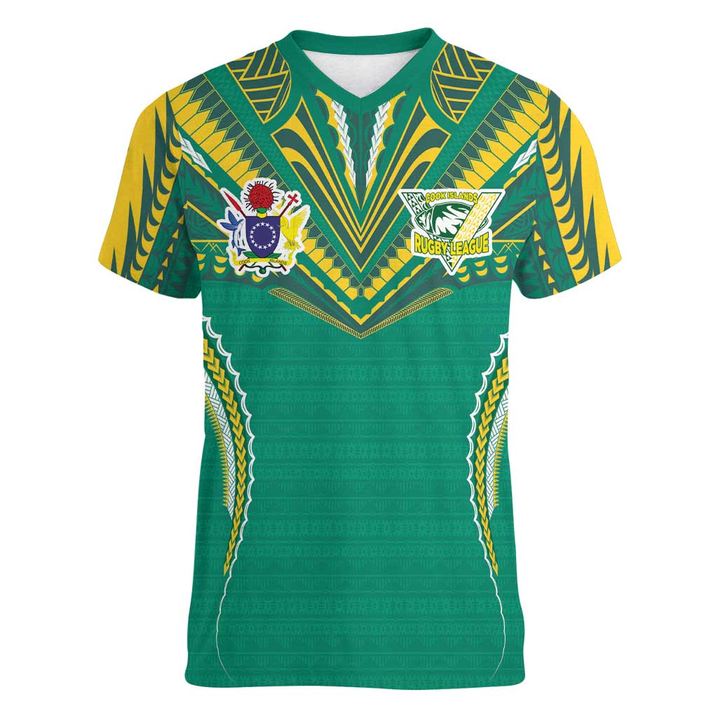 Custom Cook Islands Rugby Women V-Neck T-Shirt Tatau Art Sport Style Green Color