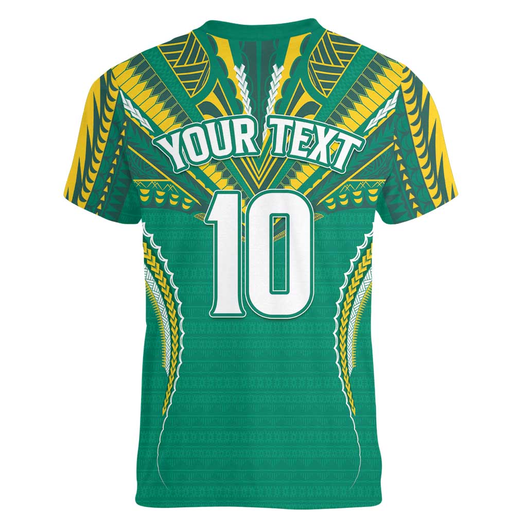Custom Cook Islands Rugby Women V-Neck T-Shirt Tatau Art Sport Style Green Color LT03 - Polynesian Pride