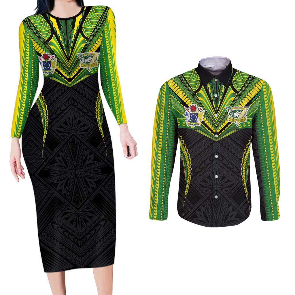 Custom Cook Islands Rugby Couples Matching Long Sleeve Bodycon Dress and Long Sleeve Button Shirt Tatau Art Sport Style Black Color LT03 Black - Polynesian Pride