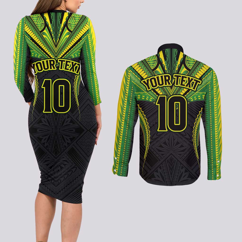 Custom Cook Islands Rugby Couples Matching Long Sleeve Bodycon Dress and Long Sleeve Button Shirt Tatau Art Sport Style Black Color LT03 - Polynesian Pride