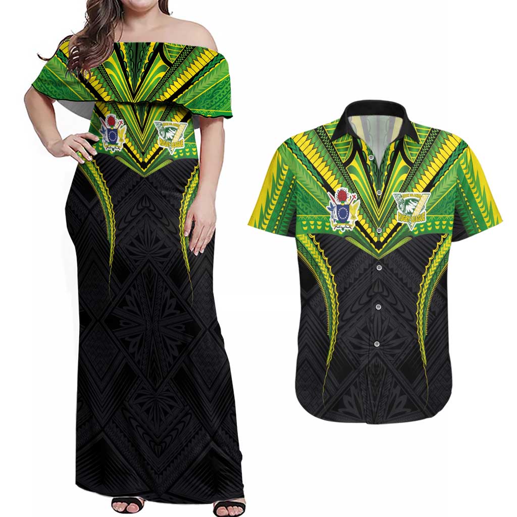 Custom Cook Islands Rugby Couples Matching Off Shoulder Maxi Dress and Hawaiian Shirt Tatau Art Sport Style Black Color