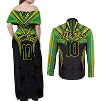 Custom Cook Islands Rugby Couples Matching Off Shoulder Maxi Dress and Long Sleeve Button Shirt Tatau Art Sport Style Black Color LT03 - Polynesian Pride