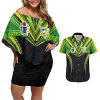 Custom Cook Islands Rugby Couples Matching Off Shoulder Short Dress and Hawaiian Shirt Tatau Art Sport Style Black Color LT03 Black - Polynesian Pride