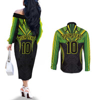 Custom Cook Islands Rugby Couples Matching Off The Shoulder Long Sleeve Dress and Long Sleeve Button Shirt Tatau Art Sport Style Black Color LT03 - Polynesian Pride