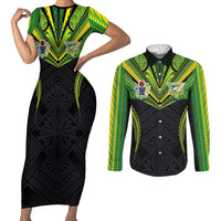 Custom Cook Islands Rugby Couples Matching Short Sleeve Bodycon Dress and Long Sleeve Button Shirt Tatau Art Sport Style Black Color LT03 Black - Polynesian Pride