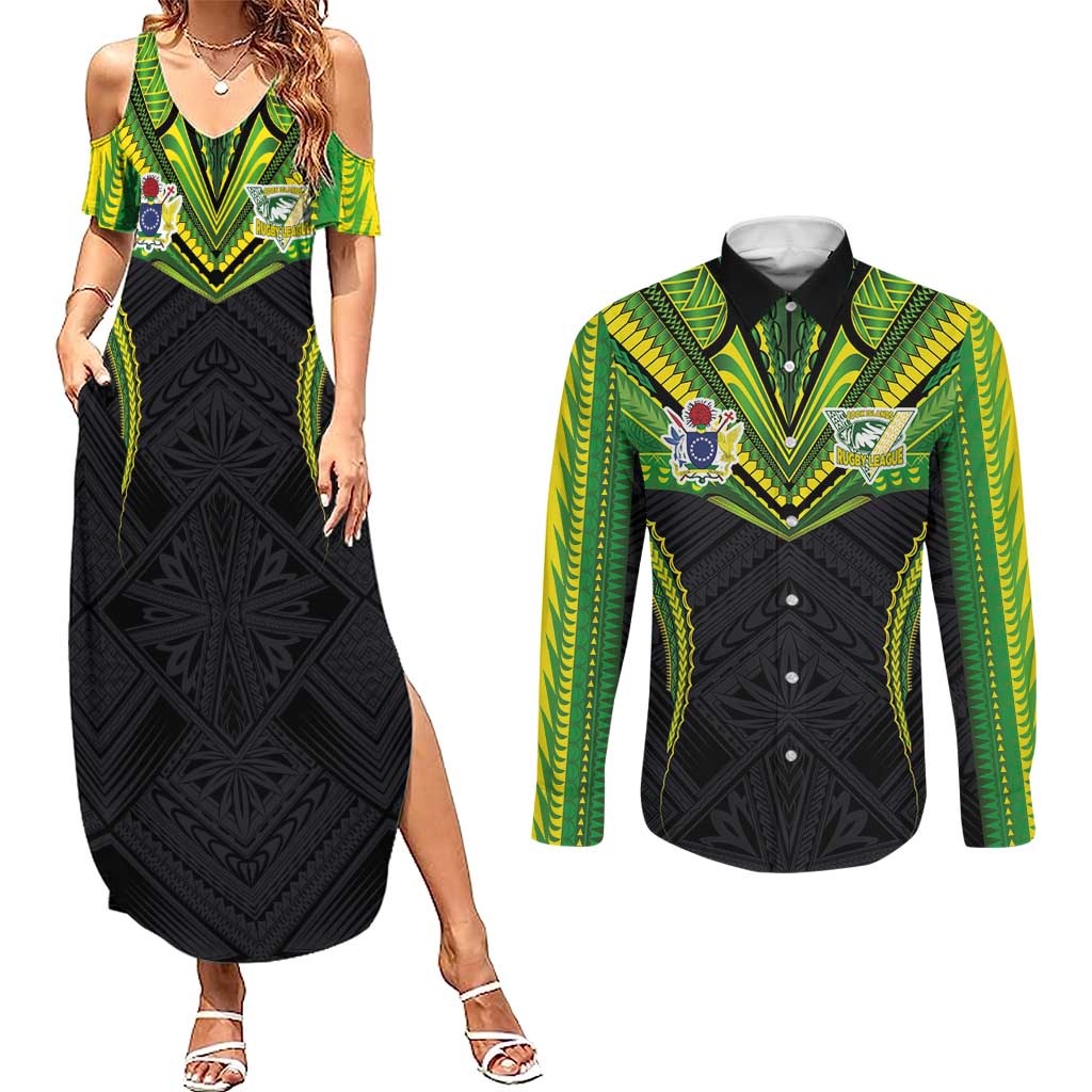 Custom Cook Islands Rugby Couples Matching Summer Maxi Dress and Long Sleeve Button Shirt Tatau Art Sport Style Black Color LT03 Black - Polynesian Pride