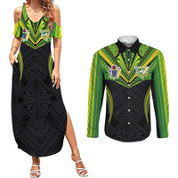 Custom Cook Islands Rugby Couples Matching Summer Maxi Dress and Long Sleeve Button Shirt Tatau Art Sport Style Black Color LT03 Black - Polynesian Pride