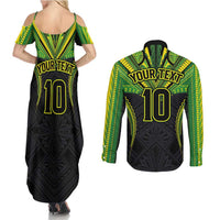 Custom Cook Islands Rugby Couples Matching Summer Maxi Dress and Long Sleeve Button Shirt Tatau Art Sport Style Black Color LT03 - Polynesian Pride