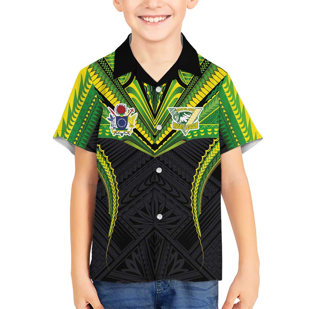 Custom Cook Islands Rugby Family Matching Off Shoulder Short Dress and Hawaiian Shirt Tatau Art Sport Style Black Color