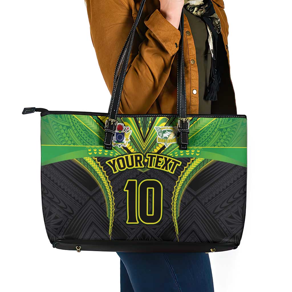 Custom Cook Islands Rugby Leather Tote Bag Tatau Art Sport Style Black Color