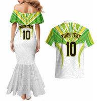 Custom Cook Islands Rugby Couples Matching Mermaid Dress and Hawaiian Shirt Tatau Art Sport Style White Color LT03 - Polynesian Pride