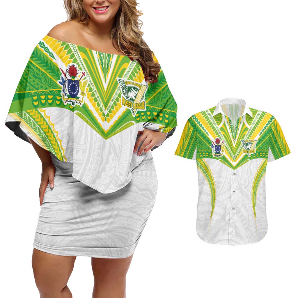 Custom Cook Islands Rugby Couples Matching Off Shoulder Short Dress and Hawaiian Shirt Tatau Art Sport Style White Color LT03 White - Polynesian Pride