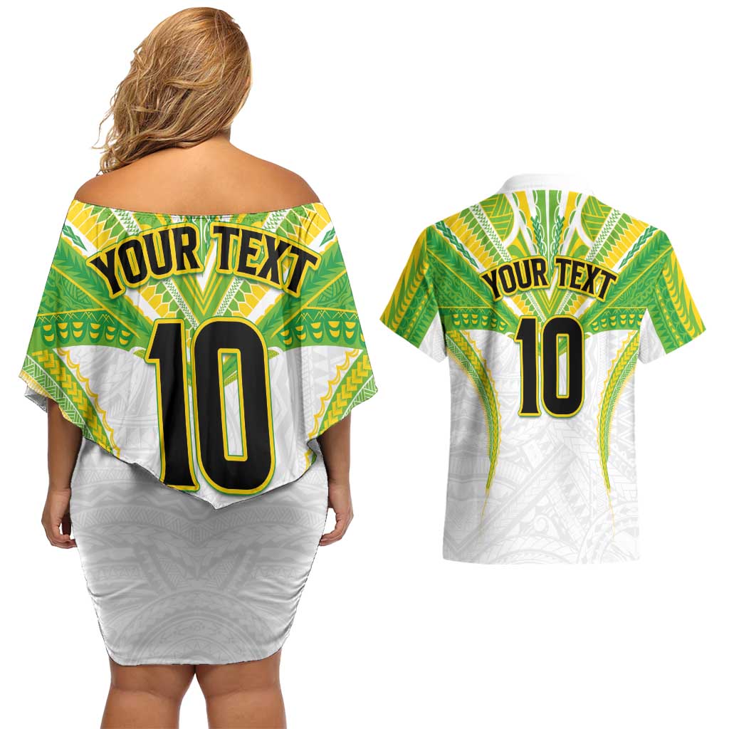 Custom Cook Islands Rugby Couples Matching Off Shoulder Short Dress and Hawaiian Shirt Tatau Art Sport Style White Color LT03 - Polynesian Pride
