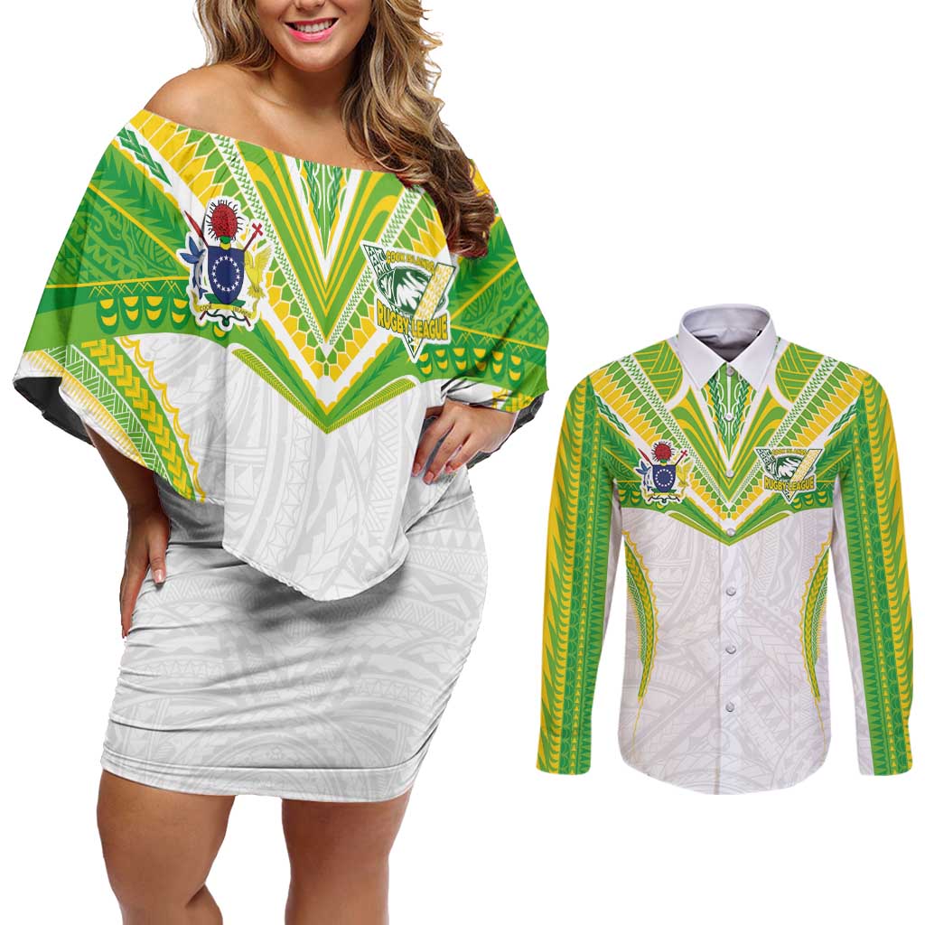 Custom Cook Islands Rugby Couples Matching Off Shoulder Short Dress and Long Sleeve Button Shirt Tatau Art Sport Style White Color LT03 White - Polynesian Pride