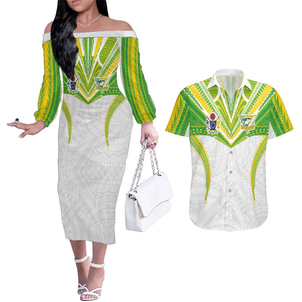 Custom Cook Islands Rugby Couples Matching Off The Shoulder Long Sleeve Dress and Hawaiian Shirt Tatau Art Sport Style White Color
