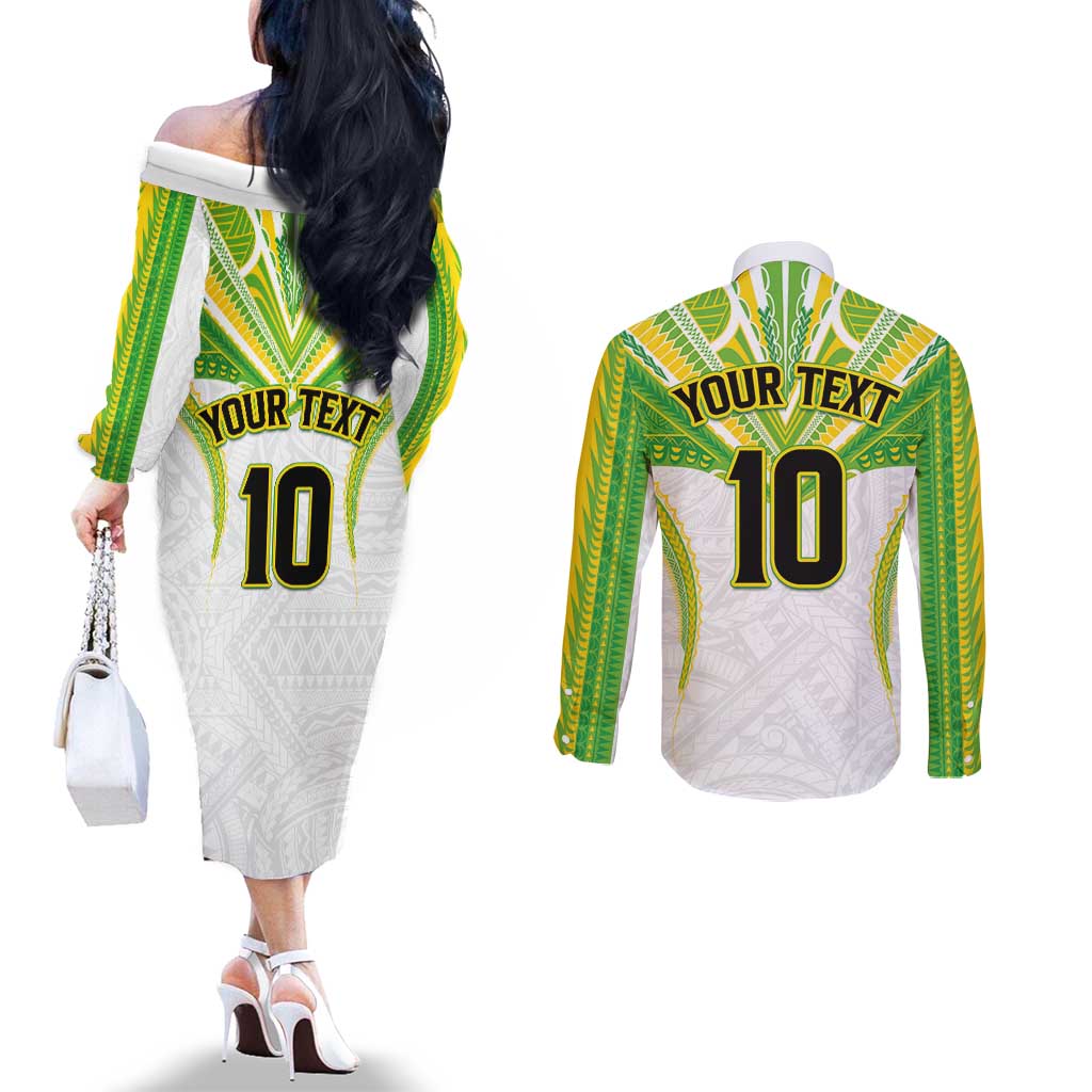 Custom Cook Islands Rugby Couples Matching Off The Shoulder Long Sleeve Dress and Long Sleeve Button Shirt Tatau Art Sport Style White Color LT03 - Polynesian Pride