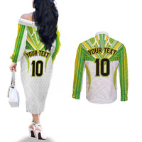 Custom Cook Islands Rugby Couples Matching Off The Shoulder Long Sleeve Dress and Long Sleeve Button Shirt Tatau Art Sport Style White Color LT03 - Polynesian Pride