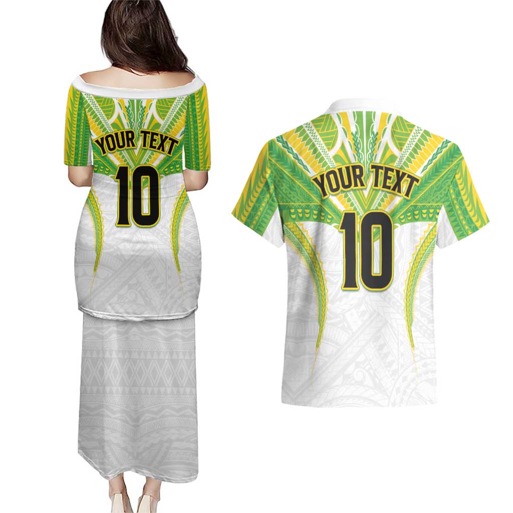 Custom Cook Islands Rugby Couples Matching Puletasi and Hawaiian Shirt Tatau Art Sport Style White Color LT03 - Polynesian Pride