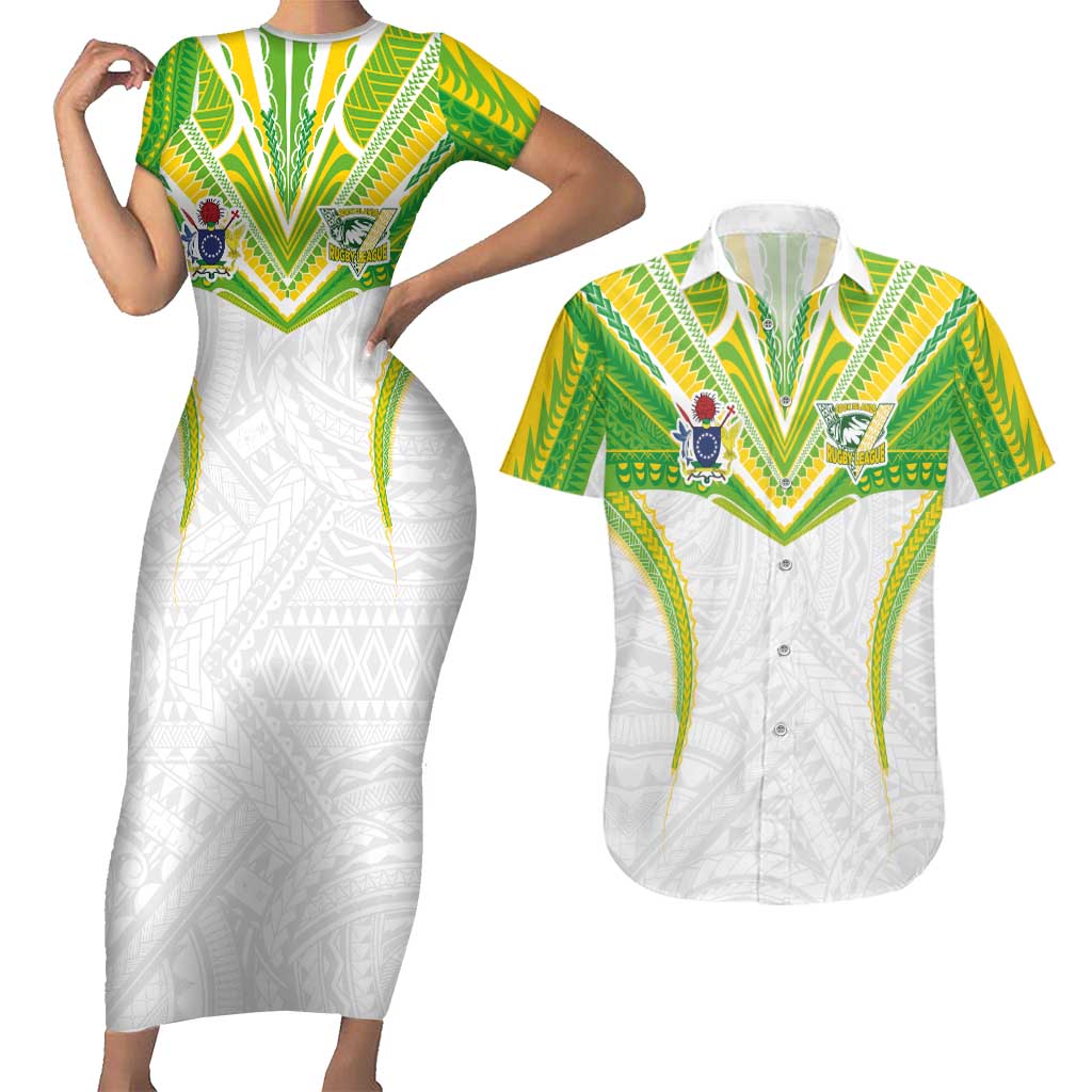 Custom Cook Islands Rugby Couples Matching Short Sleeve Bodycon Dress and Hawaiian Shirt Tatau Art Sport Style White Color LT03 White - Polynesian Pride