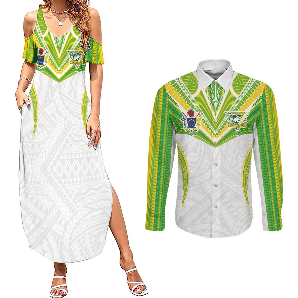 Custom Cook Islands Rugby Couples Matching Summer Maxi Dress and Long Sleeve Button Shirt Tatau Art Sport Style White Color LT03 White - Polynesian Pride