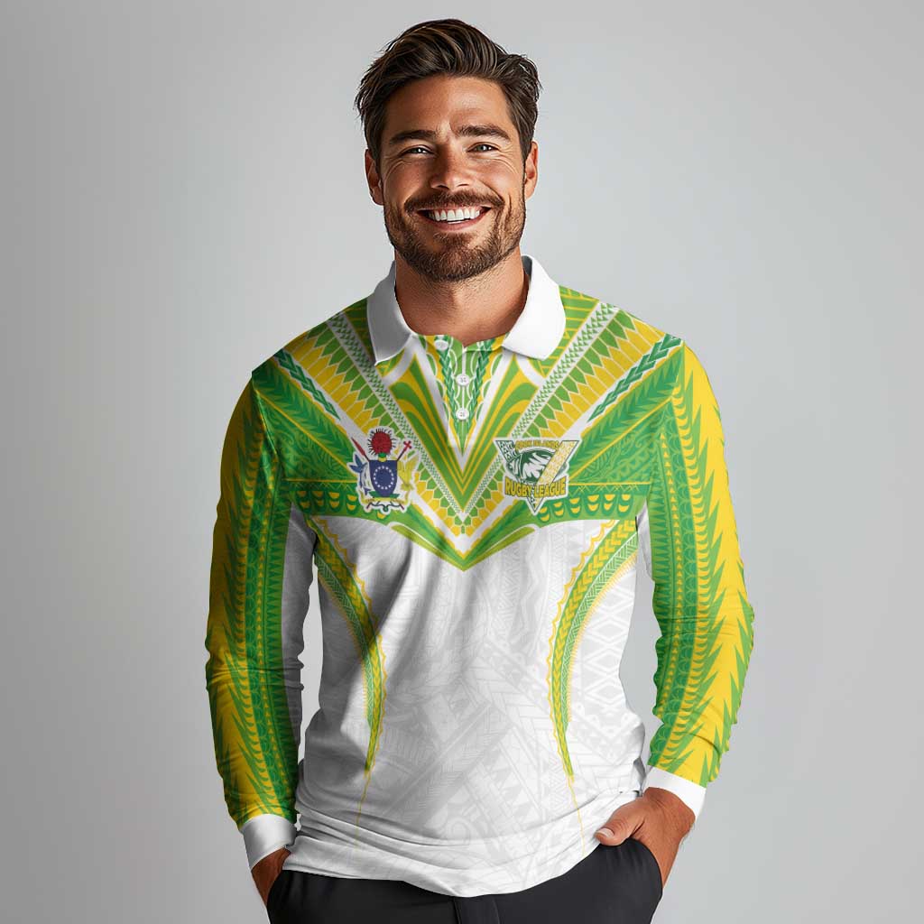 Custom Cook Islands Rugby Long Sleeve Polo Shirt Tatau Art Sport Style White Color
