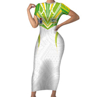 Custom Cook Islands Rugby Short Sleeve Bodycon Dress Tatau Art Sport Style White Color