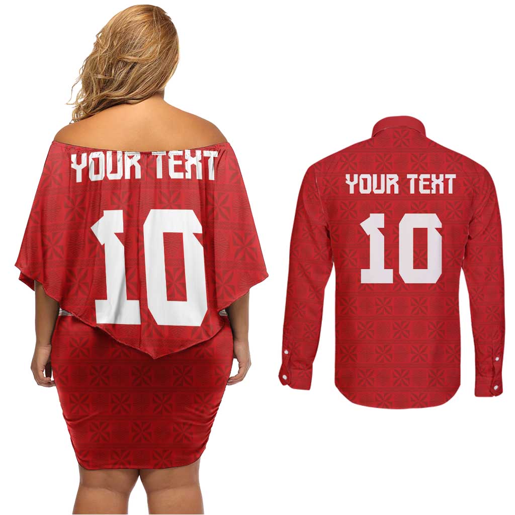 Custom Tonga Rugby Couples Matching Off Shoulder Short Dress and Long Sleeve Button Shirt Ngatu Motifs and Pacific Patterns